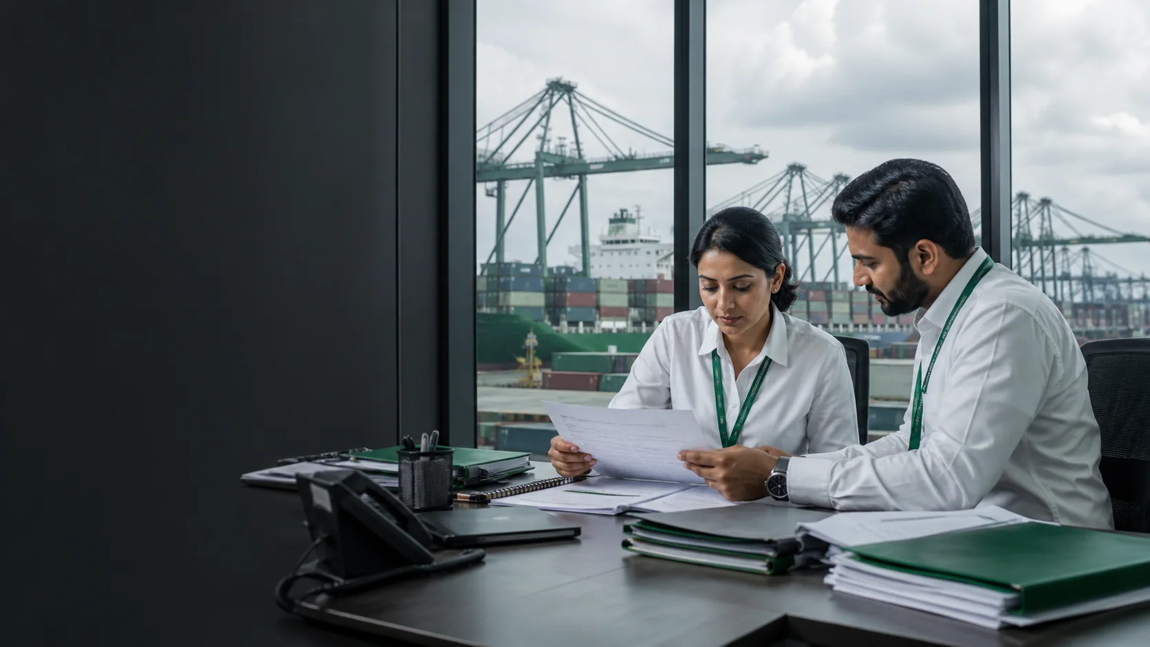 Freight professionals reviewing shipment documentation