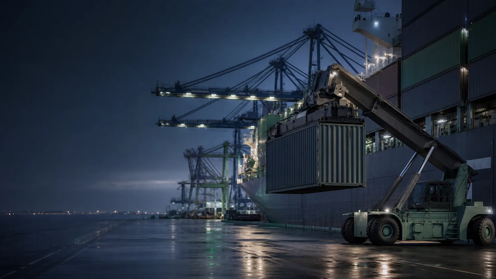 A dedicated container being handled at an ocean terminal
