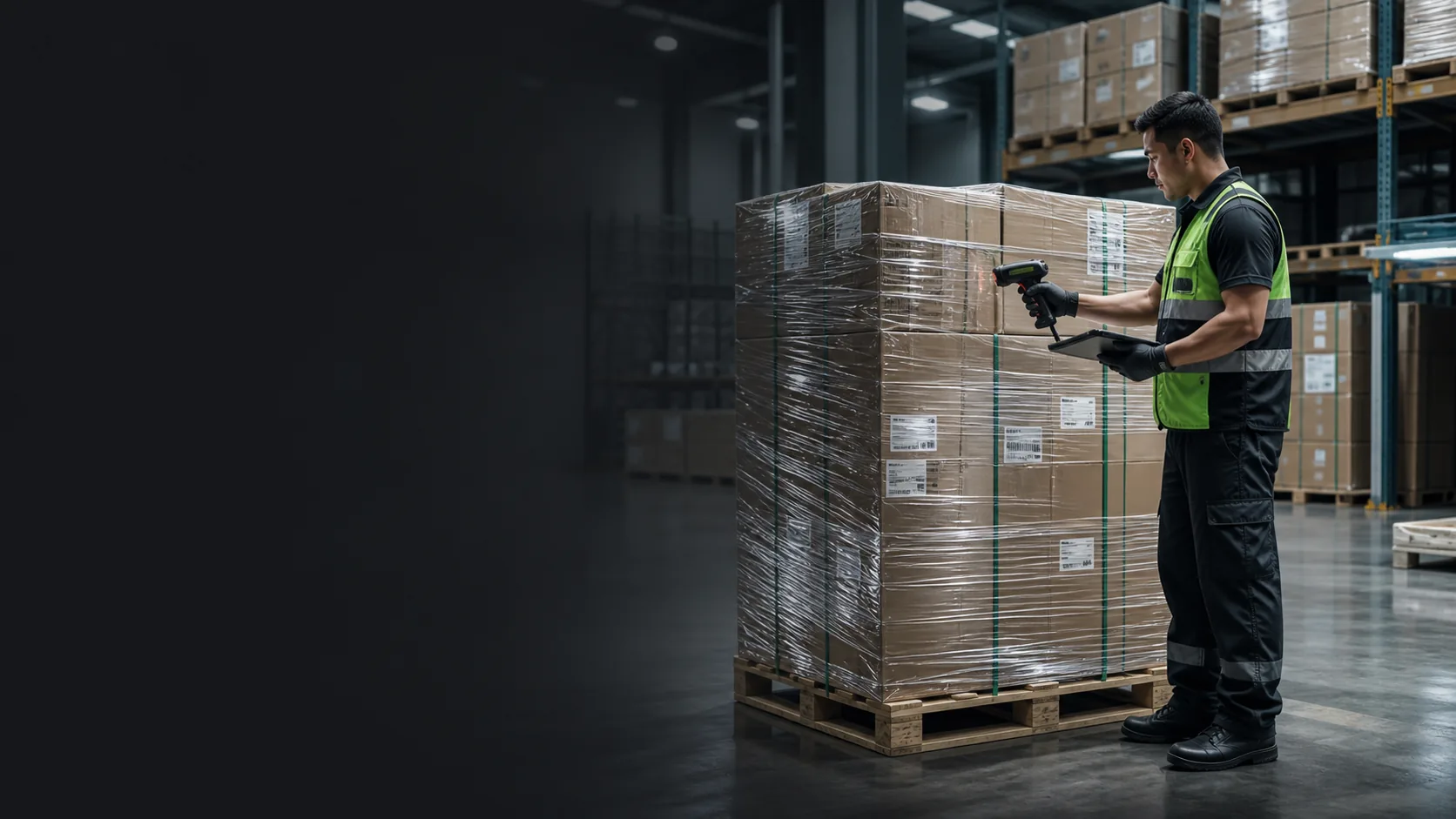 Palletized cargo being scanned and prepared for shipment